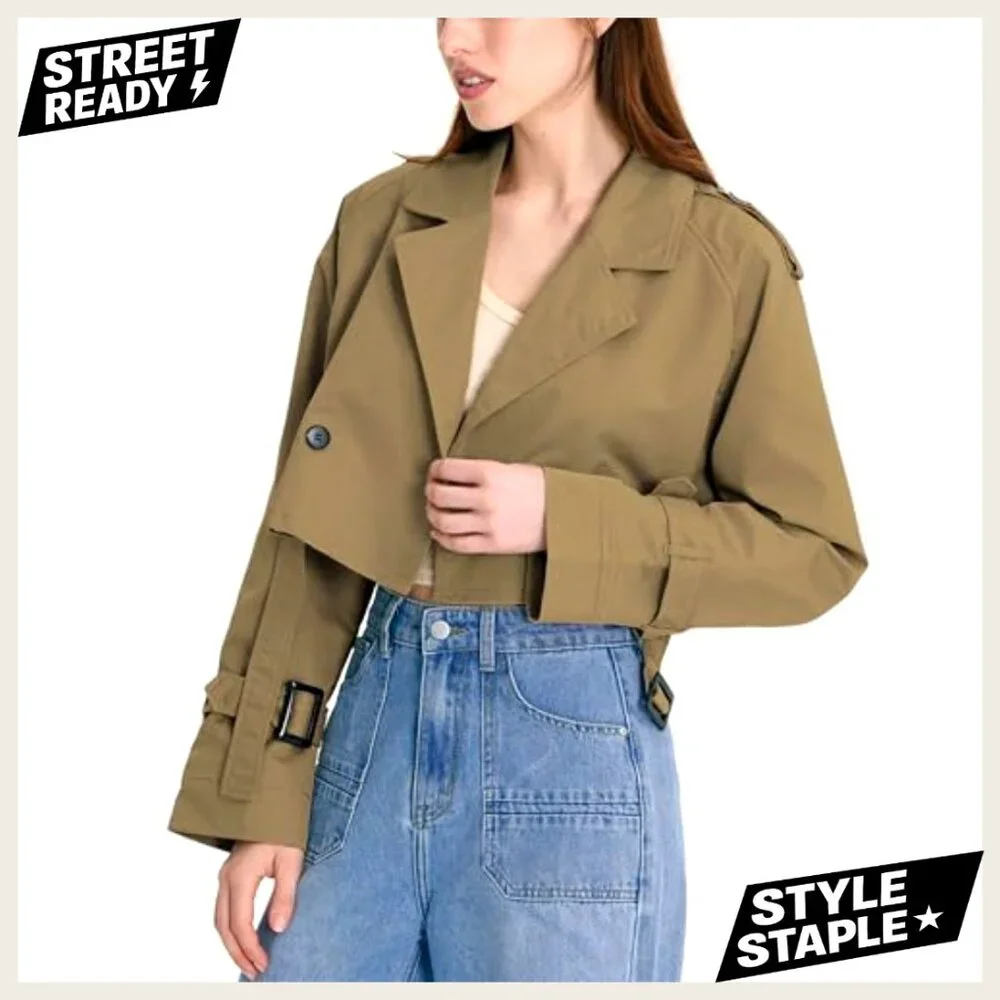 Cropped Trench Coat with Belt, Double Breasted Casual Jacket, Polyester - Picture 6 of 7